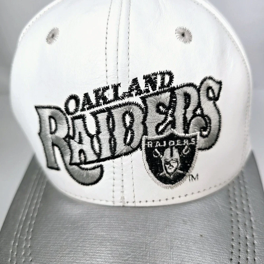 Vintage NFL Branded Oakland Raiders Leather Strapback Cap White, Silver, USA